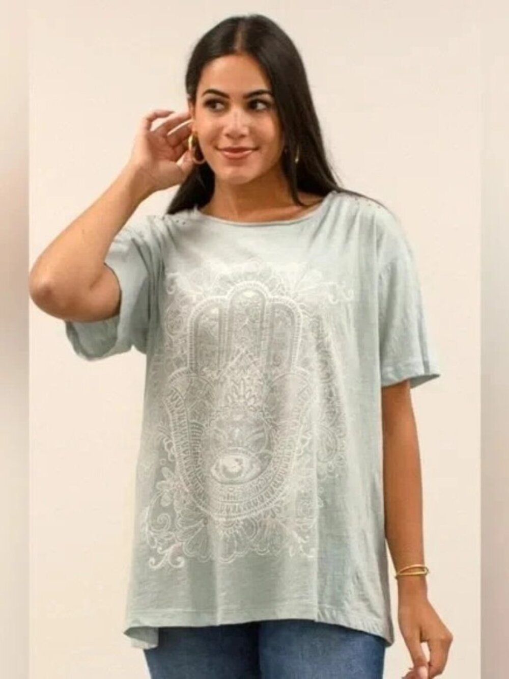 NWT Kyla Seo Comfort Ina Tee Gunmetal Blue Boho Spiritual Print S Small